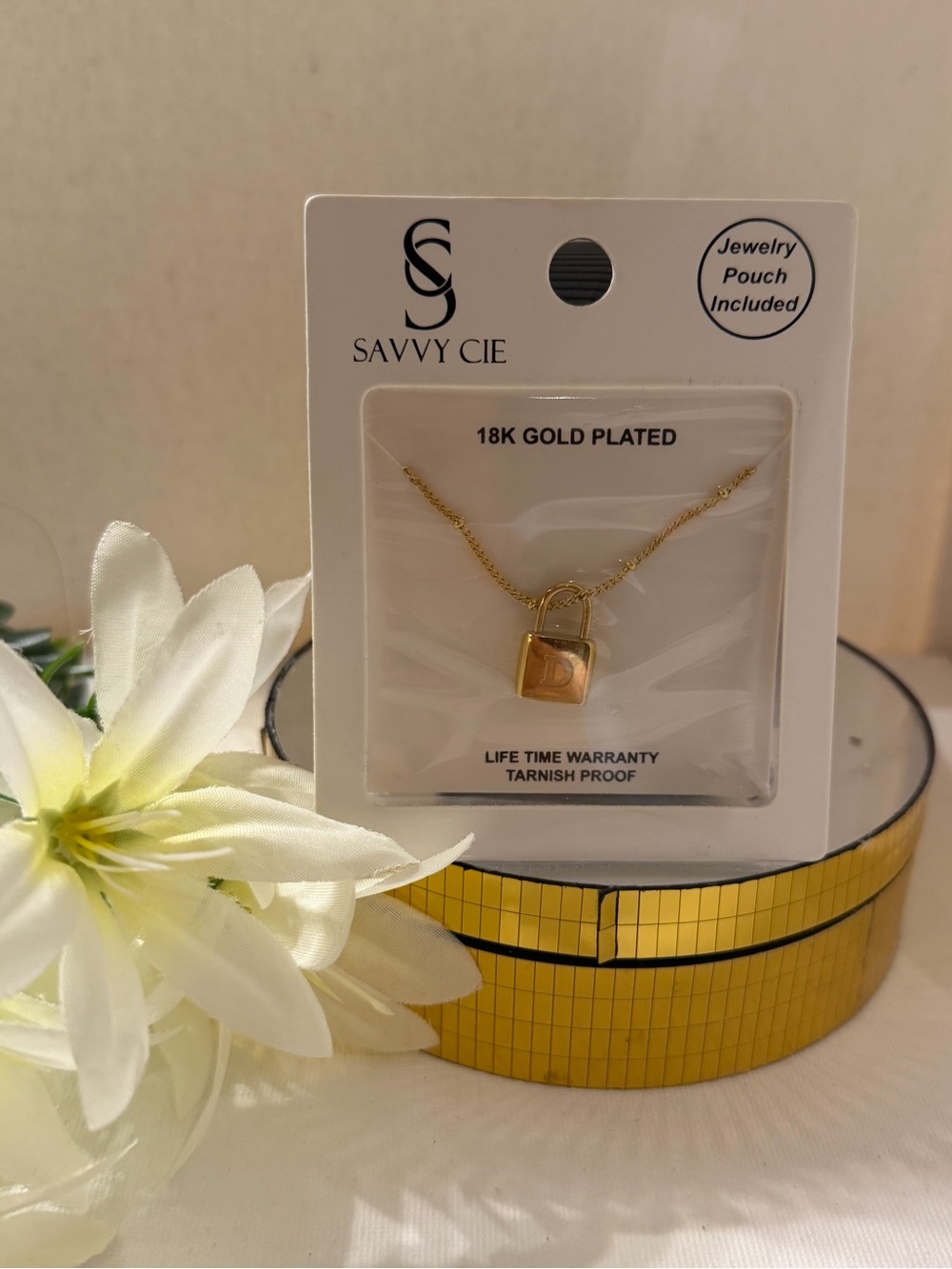 Savvy Cie Gold Padlock Initial “D” Necklace - 18k Gold Plated NEW